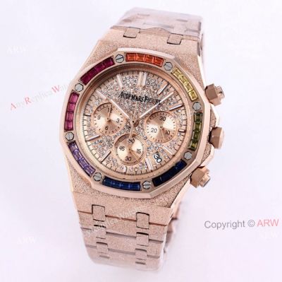 Frosted Audemars Piguet Rose Gold Royal Oak 41mm Rainbow Diamond Watch Replica